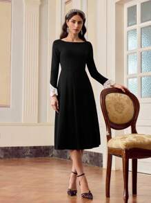 ZEYLAH 船领撞色花边喇叭袖连衣裙（无腰带） - 黑色 - 查看 4