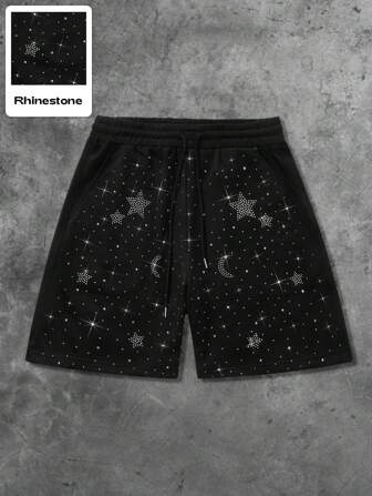 Grunge Punk Men's Casual Star & Moon Pattern Rhinestone Embellished Shorts