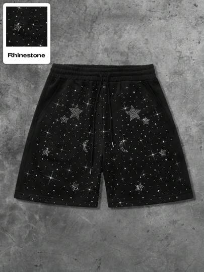 Grunge Punk Herren lässige Shorts mit Stern- und Mond-Muster, verziert mit Strass, stilvolle amerikanische Straßenmode, passendes Paar-Set