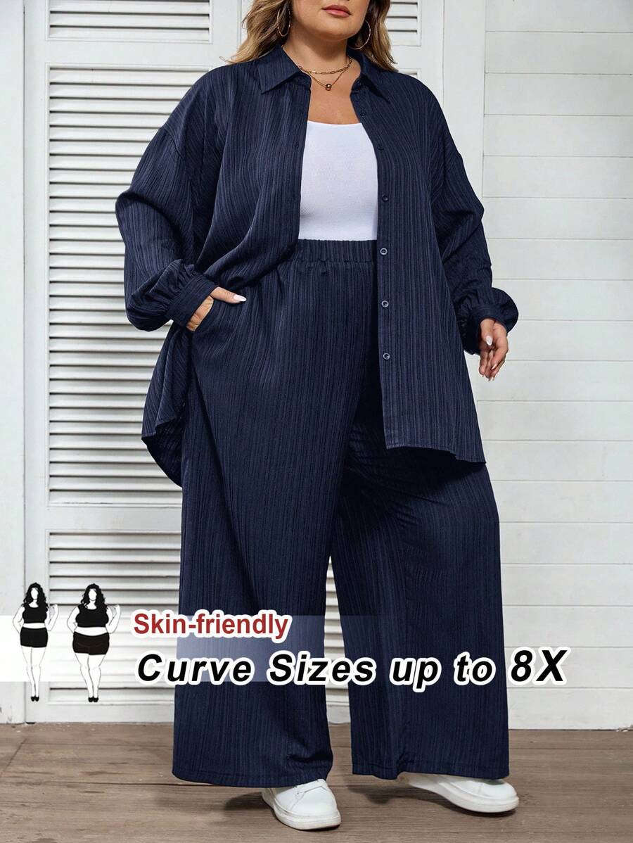 SHEIN CURVE+ 大码休闲纯色衬衫和裤子两件套 - 藏蓝色 - 查看 1