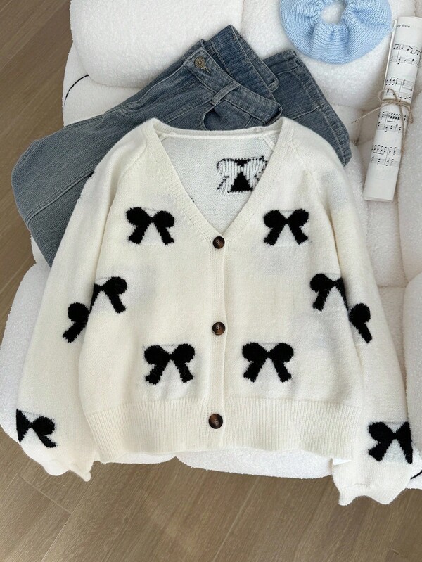 SHEIN Teen Girl Bowknot Cardigan V-Neck Long Sleeve Bowknot Knit Cardigan , Casual Daily Wear , Winter Clothes Christmas Sweater, Spring Festival Back To School Season Kids Cardigan For Cardigan With Bows Cute Cute Cardigan Kids Cardigan For Girls Girls Cardigan Sweater Bow Cardigan Fall