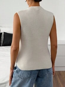 EURMUSE Women Solid Color Front Button Pocket Detailed Sweater Vest - Beige - View 3