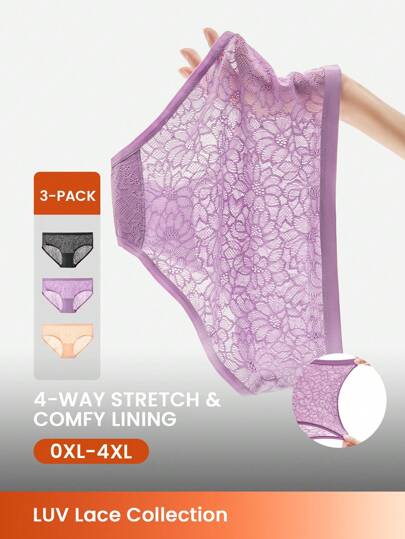 LUVLETTE Plus Lingerie Sexy 3-Pack High-Waist 4-Way Stretch Lace Basics Briefs Women Underwear Panties Set