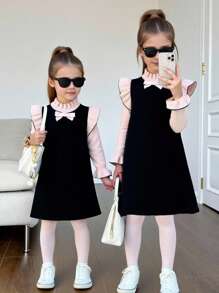 Emery Rose Kids Emery Rose Kids 年轻女孩荷叶边拼色 A 字形毛衣裙，非常适合秋冬季休闲日常穿着和学校日常穿着