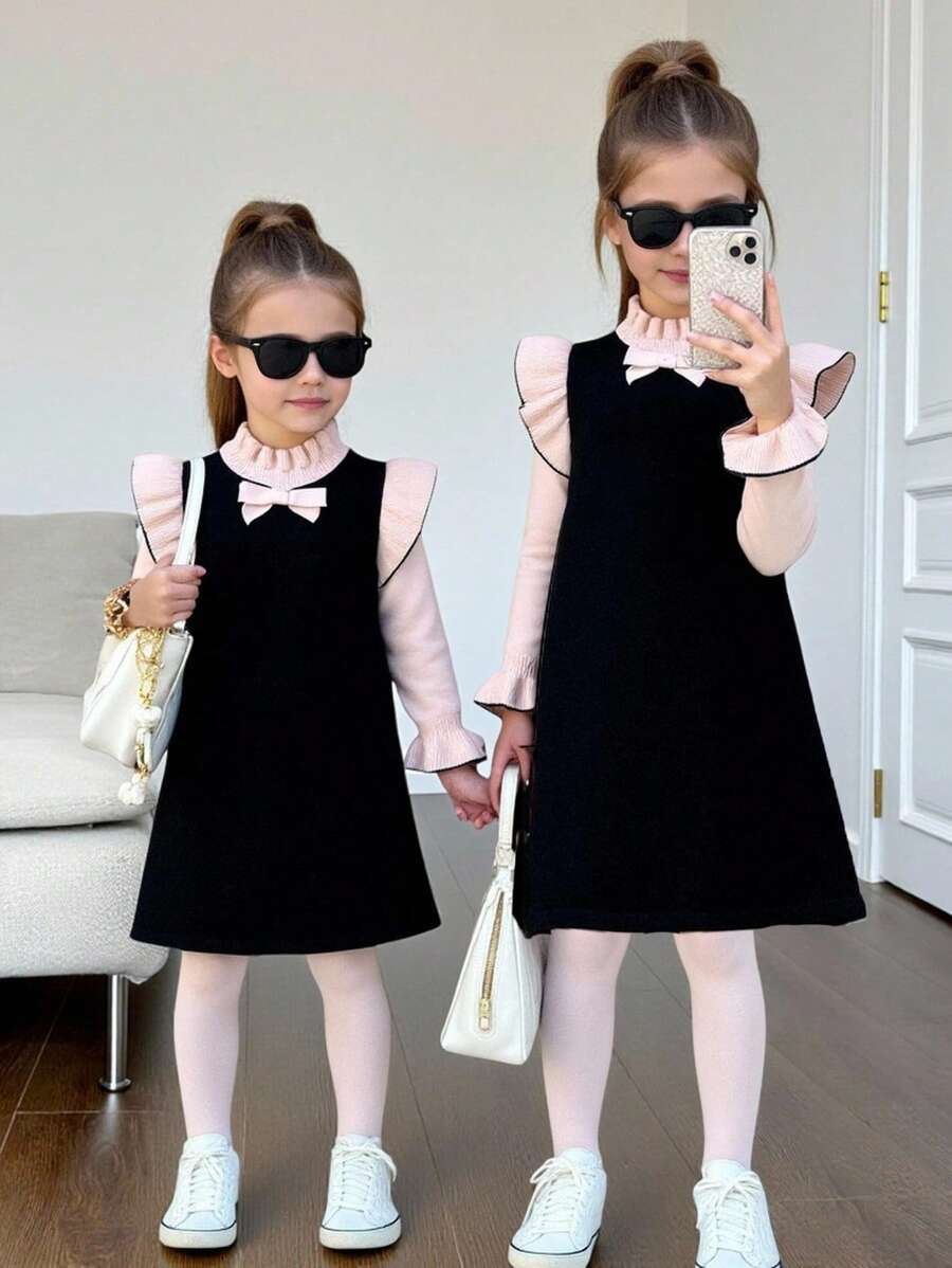 SHEIN Babygirl 优雅可爱拼色蝴蝶结长袖毛衣裙,秋冬 - 黑與白 - 查看 1