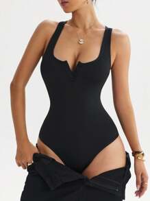 Dewbera Women's Solid Color Backless Hollow-Out Sleeveless Sports Jumpsuit Tummy Control Bodysuit - Black - View 7