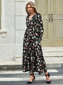 EMERY ROSE Vestido largo con estampado floral, mangas de volantes y bajo con volantes para mujer