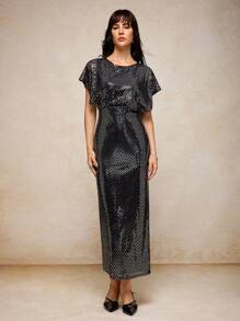 House of One Shiny Black Mesh Dolman Sleeve Cinched Waist Party Midi Dress Women Elegant Dress Old Money Fall Clothes Fall Outfits Business Professional Women Business Casual Woman