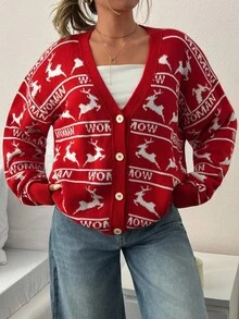 Cardigan rosso a maglia ispirato alle vacanze con motivo jacquard a strisce con renne e logo