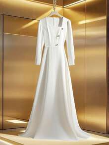 Franclia Women's Solid Color Asymmetric Collar Button Design Puff Sleeve Elegant Dress Fall Cloth For Women