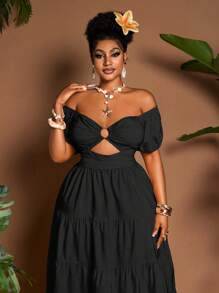 Maweii Plus Size Solid Color Off-Shoulder Dress, Casual Holiday Style - Black - View 3
