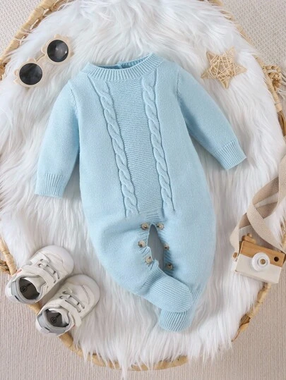 SHEIN 男宝宝圆领针织长袖连脚连体裤，适合秋冬季，蓝色和浅蓝色纯色，时尚可爱，适合日常穿着，室内和室外