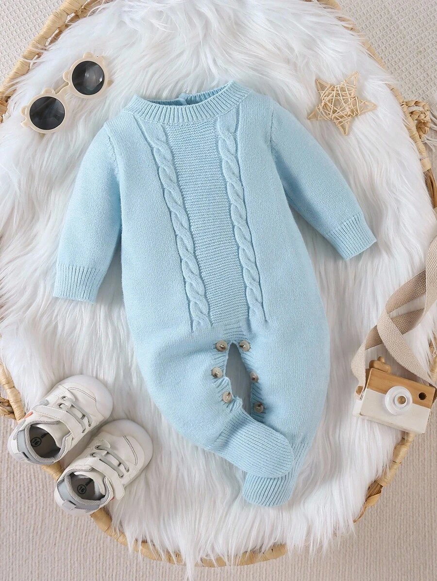 SHEIN 男宝宝圆领针织长袖连脚连体裤，适合秋冬季，蓝色和浅蓝色纯色，时尚可爱，适合日常穿着，室内和室外 - 藍色 - 查看 1