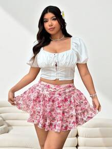 Solflare 大码碎花蕾丝荷叶边下摆休闲优雅度假工作/办公室粉色半身裙