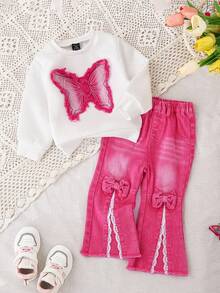 女婴休闲宽松运动衫 T 恤，采用 3D 蝴蝶洗水牛仔贴花设计和粉色洗水修身喇叭下摆牛仔裤，简约时尚百搭日常穿着 - 彩色 - 查看 1