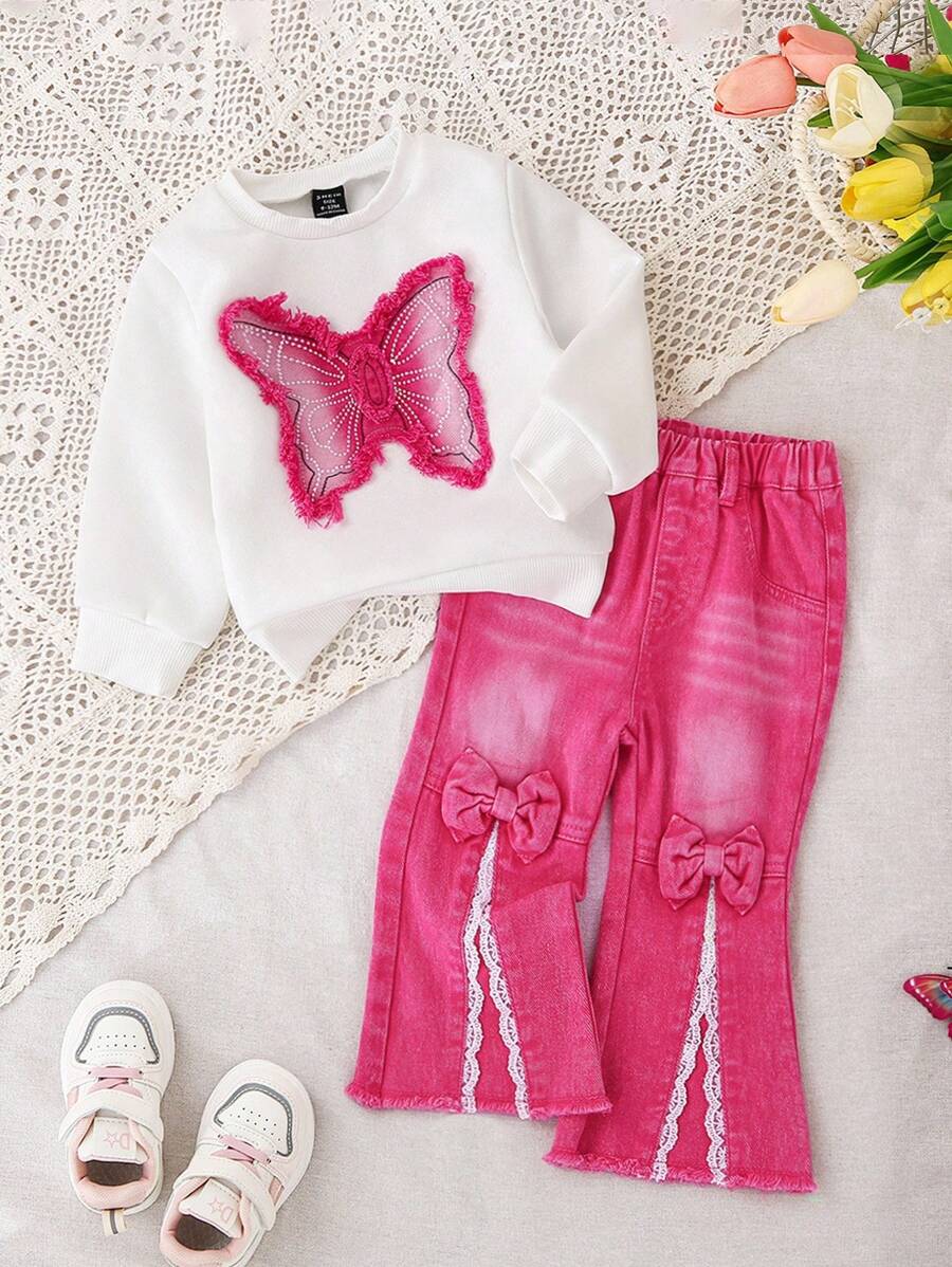 女婴休闲宽松运动衫 T 恤，采用 3D 蝴蝶洗水牛仔贴花设计和粉色洗水修身喇叭下摆牛仔裤，简约时尚百搭日常穿着 - 彩色 - 查看 1