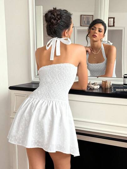 Roylia 女士优雅度假时尚简约白色刺绣吊带迷你连衣裙，夏季