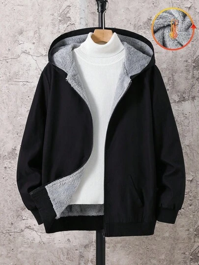 SHEIN Teen Boys' Basic Wear Plush Lining Jacket Casual Comfortable Versatile Thermal Lined Hooded Padded Winter Coat Suitable For Home, Commute, School, Daily Casual, Travel, Outdoor, Party Fall Autumn And Winter