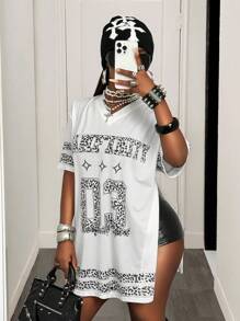 BamGleam Camiseta Casual Feminina de Manga Curta com Decote em V e Ombros Caídos, Estampa Numérica de Leopardo, Verão - Branco - Visão 5