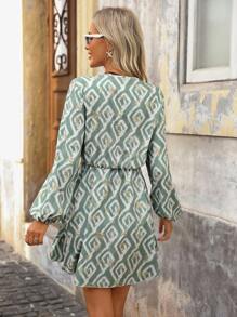 Brillora Women's Geometric Print Lantern Sleeve Frill Hem Casual Mini Dress, Boho Summer Dress Women, Long Sleeve Summer Dress, Geometric Print Dress, Women Vacation Dress,Women Long Sleeve Dress,Teacher Outfits For Women,Fall Outfits For Women,BOHO,Old Money Style Women,Old Money Outfits Women