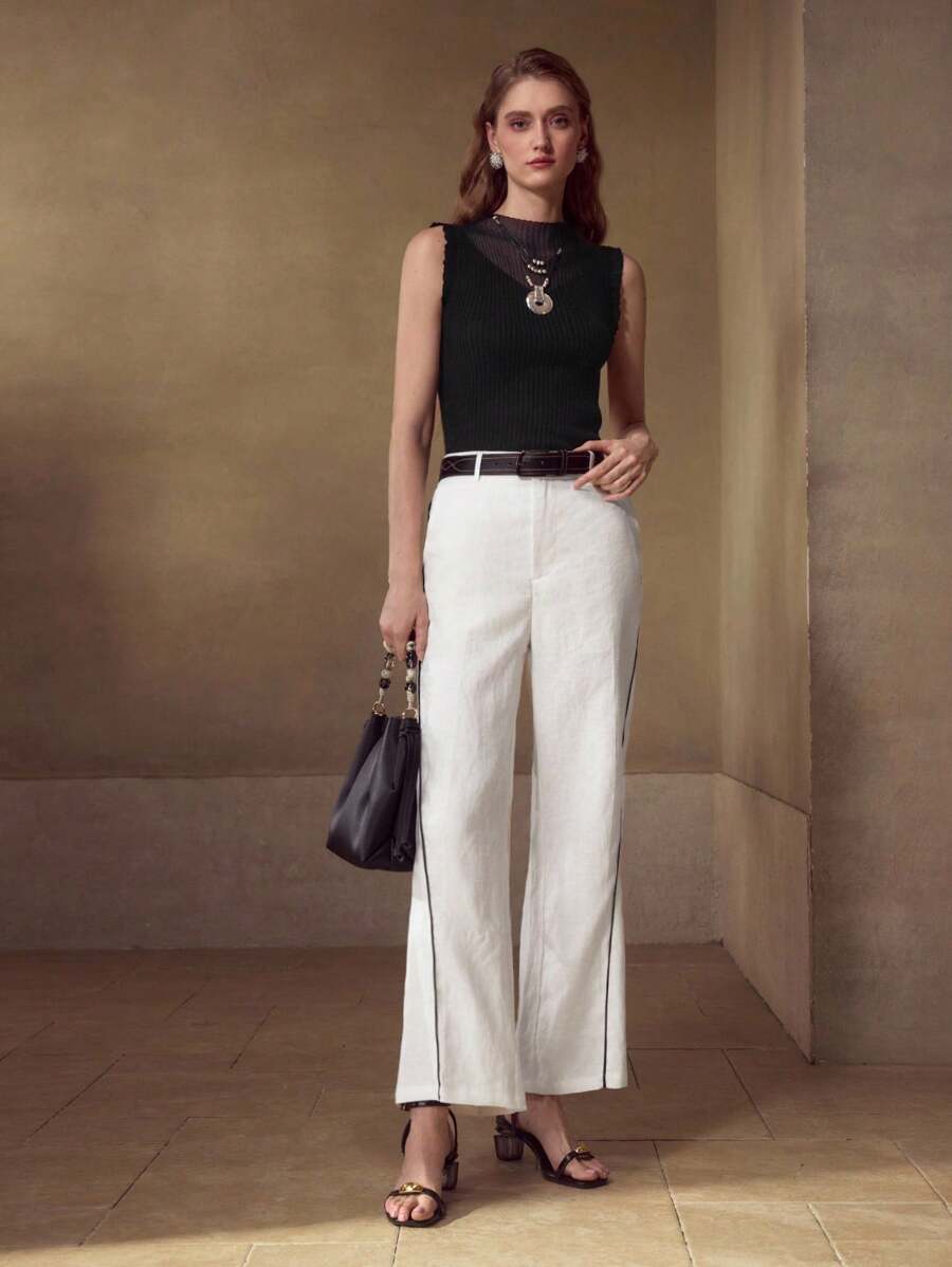 MOTF PREMIUM LINEN CONTRAST TRIM SUIT PANTS - White - View 1