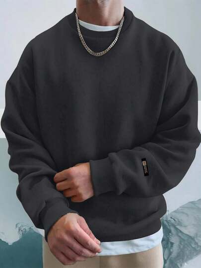 EURMUSE 100%Cotton Men Letter Patched Drop Shoulder Sweatshirt