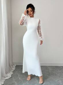 Elenzga Women's Elegant Long Patchwork Lantern Sleeve Dress Fall Cloth For Women