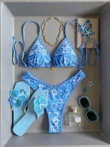 Swim Mod Women's Summer Random Print Spaghetti Strap High Cut Bottoms 2 Pieces Bikini Set - Multicolor - View 1