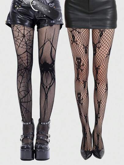 Goth 2 Pairs Spider & Spider Web With Skeleton Pattern Fishnet Tights