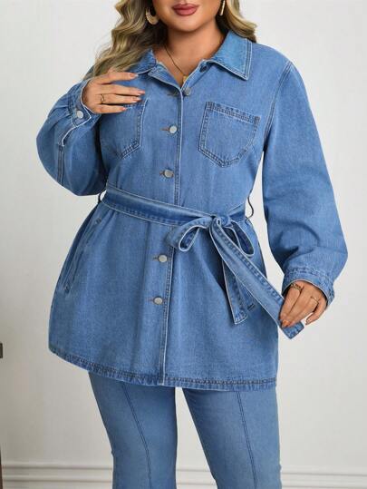 SHEIN Plus Size Women Casual Vacation Light Blue Non-Stretch Denim Jacket
