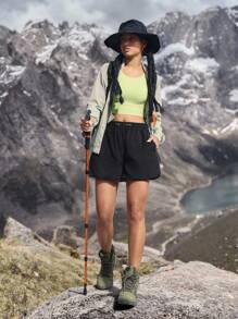 Women's Drawstring Waist Pockets Loose Casual Floral Denim Shorts Outdoor Pants For Hiking Sun Protection Lightweight Quick Dry - Black - View 7