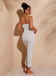 Hauture 女式花卉提花褶饰侧开衩下摆修身优雅中长连衣裙 - 杏色 - 查看 5