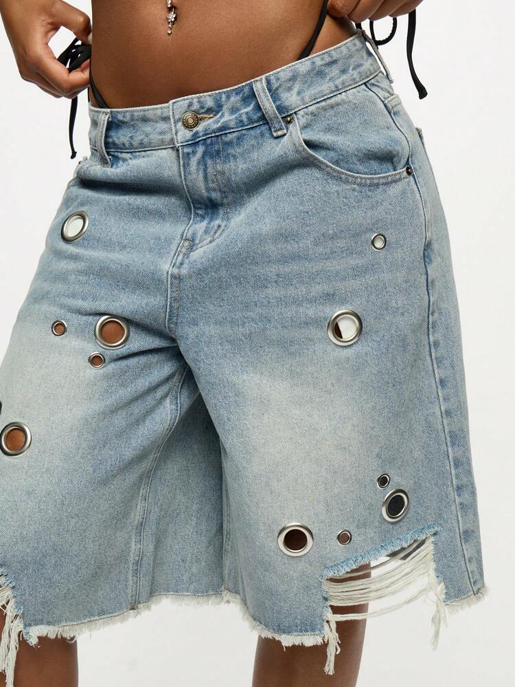 SUMWON WOMEN Light Wash Distressed Denim Shorts With Eyelets