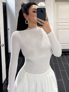 DAZY Women's Lace Patchwork Hollow Out Turtleneck Long Sleeve T-Shirt, Sexy Slim Fit Layering Top For Autumn & Winter,Fall Women Clothes - Beige - View 12