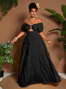 Maweii Plus Size Solid Color Off-Shoulder Dress, Casual Holiday Style - Black - View 4