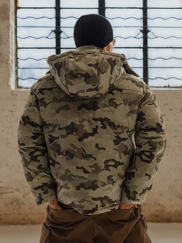 Men's Thick Hooded Padded Coat, Floral Camouflage Military Green, Winter Jacket