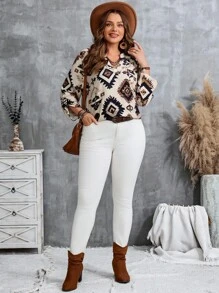EMERY ROSE Plus Size Women's Geometric Pattern V-Neck Long Sleeve Loose Blouse,Beige Boho Autumn Tops,Fall Clothes For Women,Spring/Summer/Vacation - Apricot - View 4