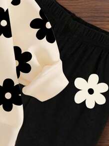 SHEIN 2pcs Baby Girl Casual Floral Pattern Knit Thick Crew Neck Long Sleeve Sweatshirt And Leggings Set, Black & White, Suitable For Autumn/Winter Fall