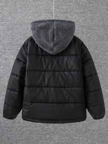 SHEIN Kids/Tween Boys' Casual Hooded Zip-Up Thick Woven Long Sleeve Winter Parka Coat, Suitable For Commuting, School, Everyday, Vacation, Sports, Spring/Summer/Autumn/Winter Boys Boy Kids Boys Kids Boy Teen Boys Fall - Black - View 4