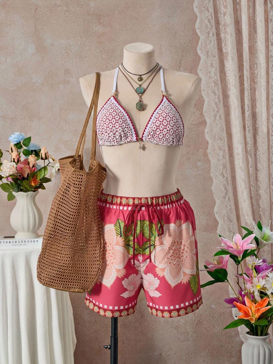 SHEIN Swim 女士海滩夏装镂空红白贝壳珍珠点缀性感设计三角比基尼套装 - 紅白色 - 查看 1