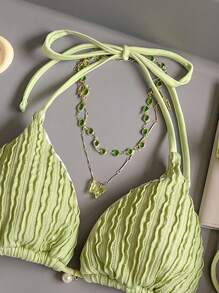 SHEIN Swim Top de bikini de cuello halter y unicolor para mujer, ideal para verano y playa - Verde - Ver 3