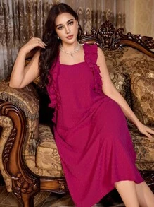 PalaceNights Plus Size Women's Wide Ruffle Trim Bowknot Back Jacquard Backless Long Nightgown - Hot Pink - View 3