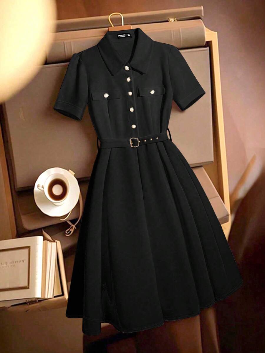 Regalyn Plus Size Pearl Button Waist Belted Summer Dress
