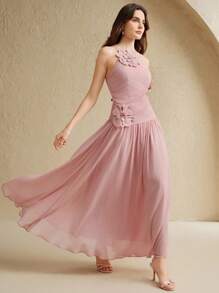 Anewsta Váy Maxi xếp ly họa tiết hoa 3D thủ công dành cho nữ - Hồng - Xem 3