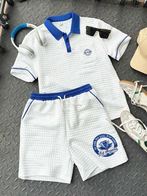 SHEIN Set de 2 piezas (camisa tipo polo con bloqueo de colores y texto bordado + pantalones cortos) para adolescentes/jóvenes, estilo casual urbano, versátil y cómodo para ir a la escuela, diario, viajes, deportes, primavera y verano