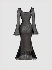 SHEIN MOD Robe moulante avec détail de buste froncé, décorations de ruban, manches évasées en dentelle, taille cintrée. Tenue de festival pour femme, vêtements de festival, robes de fête pour femme, robe de cérémonie, robe du Nouvel An, robes élégantes pour femme, robes sexy pour femme, robe de remise de diplôme blanche
