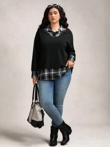 Zelara 大码女式格子拼接衬衫领长袖休闲宽松套头衫冬季上衣商务休闲女式基础款上衣教师返校秋季返校外出商务休闲女式基础款复古女式纽扣冬季商务休闲Polo衫时尚冬季商务冬季派对秋季 - 彩色 - 查看 5