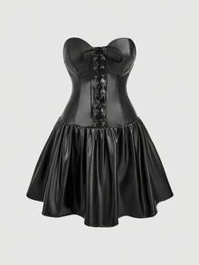 SHEIN MOD 大码黑色皮革系带迷你连衣裙 - 黑色 - 查看 3
