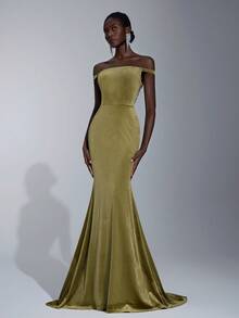 Elitara Elegantes vintage Samt-Kleid, Off-Shoulder Ausschnitt, rückenfreiem Design, Perlenbesatz und Meerjungfrauensaum, geeignet für Partys, Geburtstage, Bälle, Cocktail-Tees, Geschäftsveranstaltungen, Galas und andere formelle Anlässe - Armeegrün - Übersicht 6