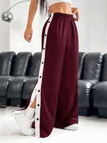 SHEIN EZwear 女式休闲勃艮第色块侧扣宽松裤 - 酒紅色 - 查看 6
